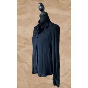 Theory Blouse Medium Black Rayon Wool Bow‎ Ruffle  Long Sleeve Top USA Made